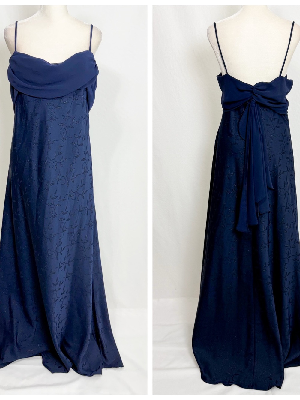 Vintage Navy Spaghetti-Strap Evening Dress with Draped Bow Back Size 16